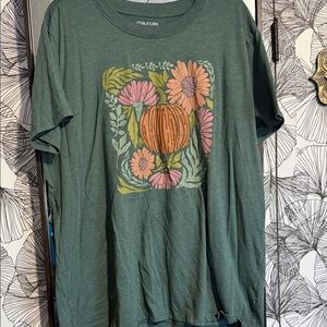Maurices Teal T-Shirt with Floral and Pumpkin Graphic